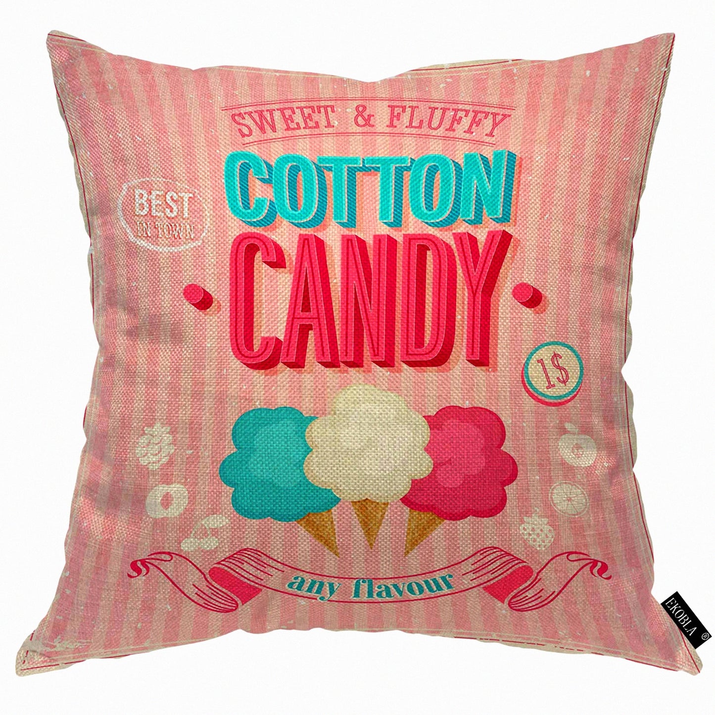 Sweet Treats Cotton Candy Throw Pillow Cover - Ice Cream Dessert Pink Cozy Square Cushion Case for Men Women Boys Girls Room Home Decor - Cotton Linen 18x18 Inch