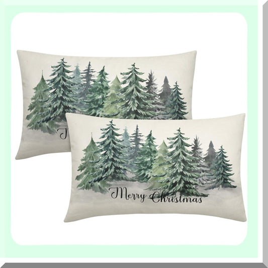 Winter Forest Watercolor Lumbar Pillow Covers - Set of 2 Decorative Cases in Blue Green Tree Design for Sofa, Couch, Porch Outdoor Decor.