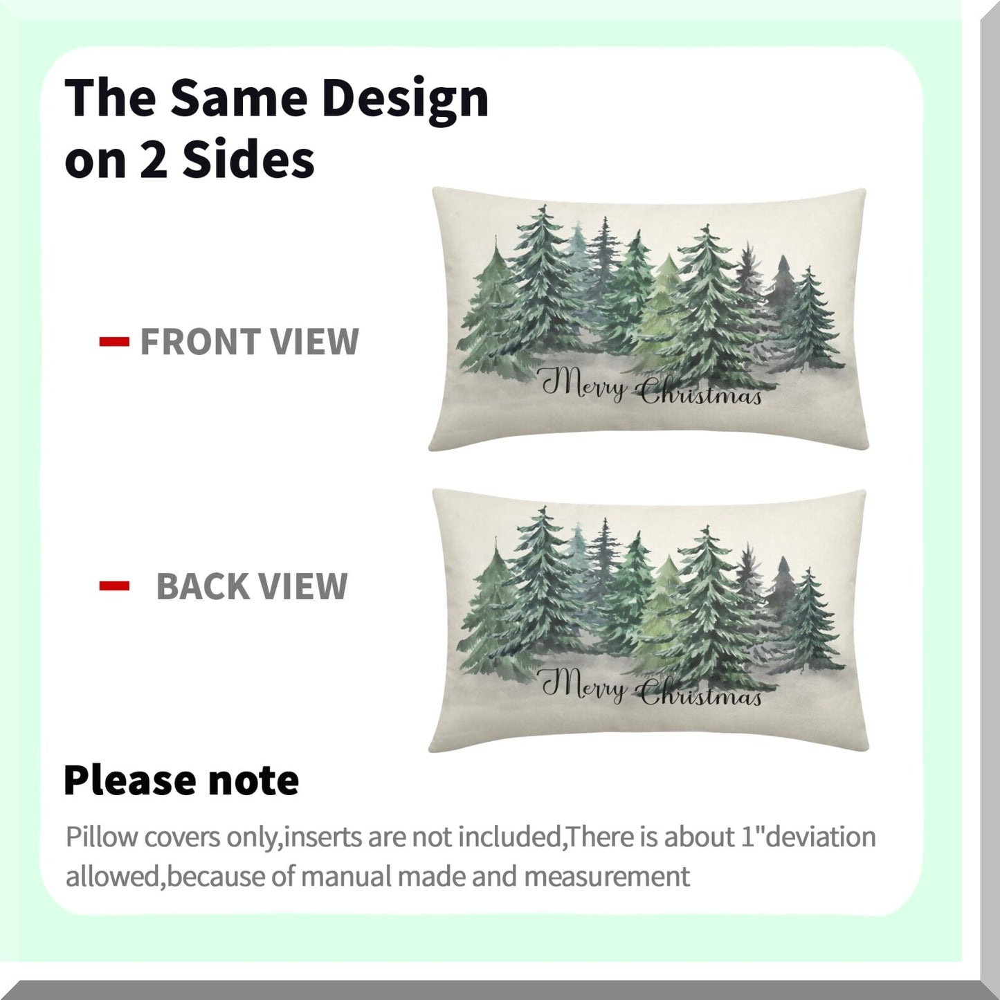 Winter Forest Watercolor Lumbar Pillow Covers - Set of 2 Decorative Cases in Blue Green Tree Design for Sofa, Couch, Porch Outdoor Decor.