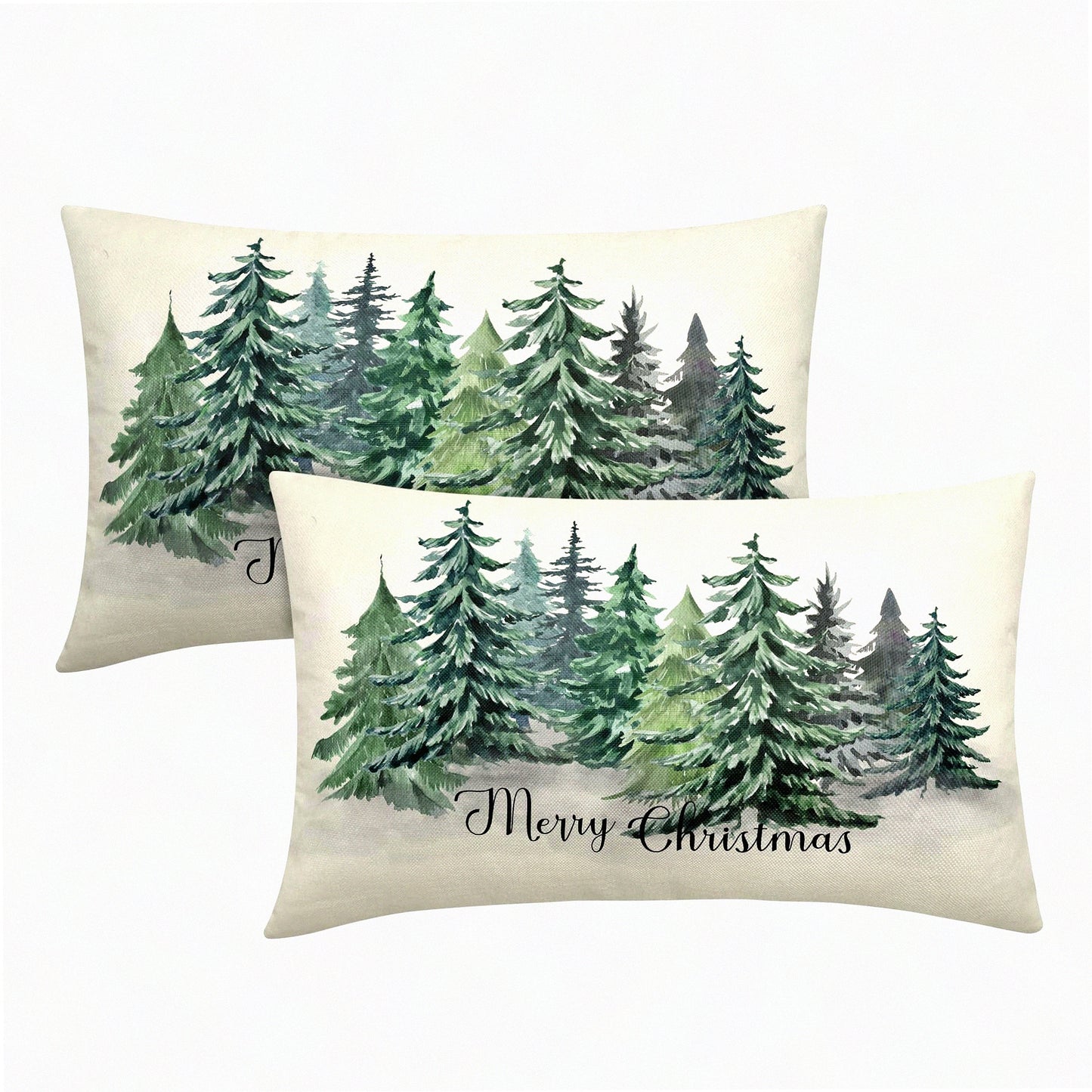 Winter Forest Watercolor Lumbar Pillow Covers - Set of 2 Decorative Cases in Blue Green Tree Design for Sofa, Couch, Porch Outdoor Decor.