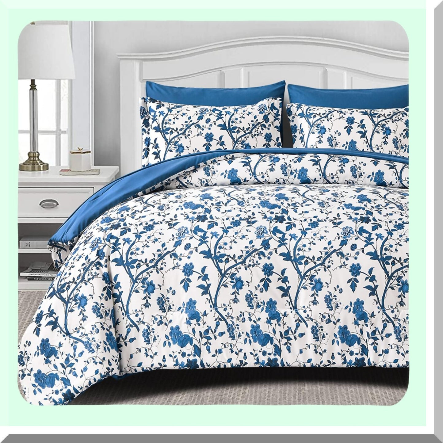 Blue Floral Bliss 7-Piece Queen Comforter Set - Soft Microfiber Bedding with Sheets - All Seasons Bed in a Bag - White Spring Queen Comforter Set