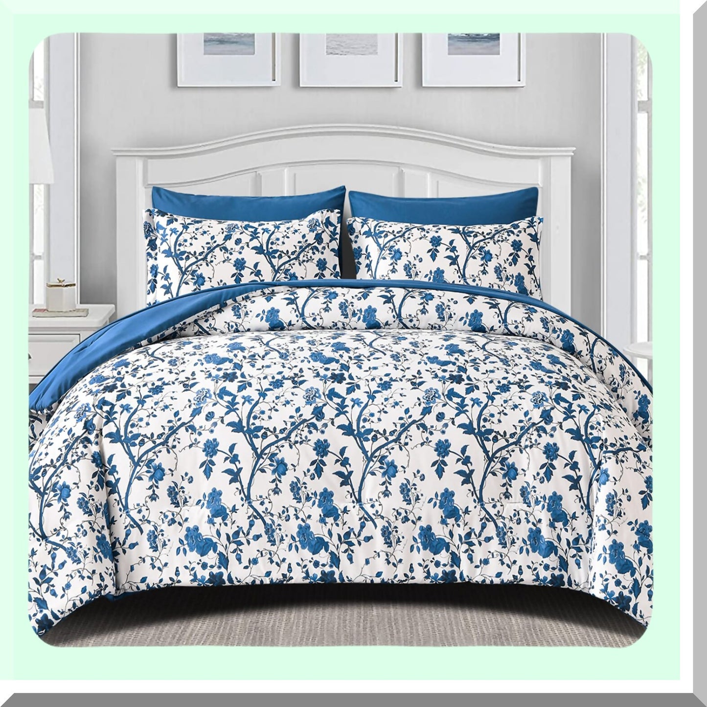 Blue Floral Bliss 7-Piece Queen Comforter Set - Soft Microfiber Bedding with Sheets - All Seasons Bed in a Bag - White Spring Queen Comforter Set