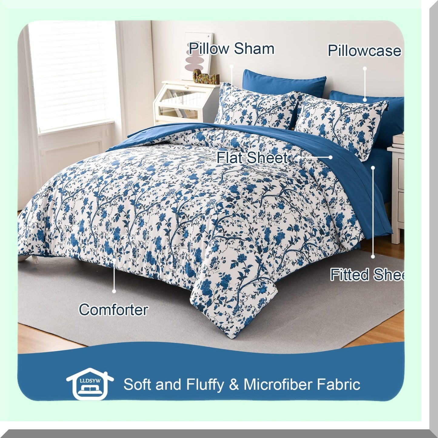 Blue Floral Bliss 7-Piece Queen Comforter Set - Soft Microfiber Bedding with Sheets - All Seasons Bed in a Bag - White Spring Queen Comforter Set