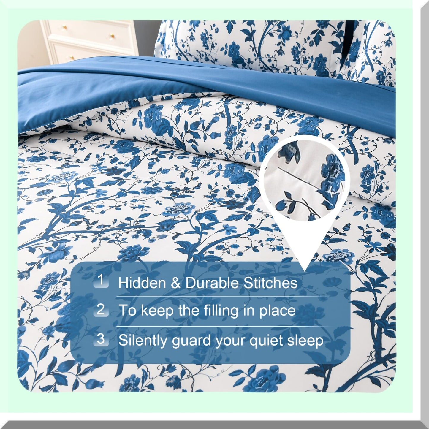 Blue Floral Bliss 7-Piece Queen Comforter Set - Soft Microfiber Bedding with Sheets - All Seasons Bed in a Bag - White Spring Queen Comforter Set