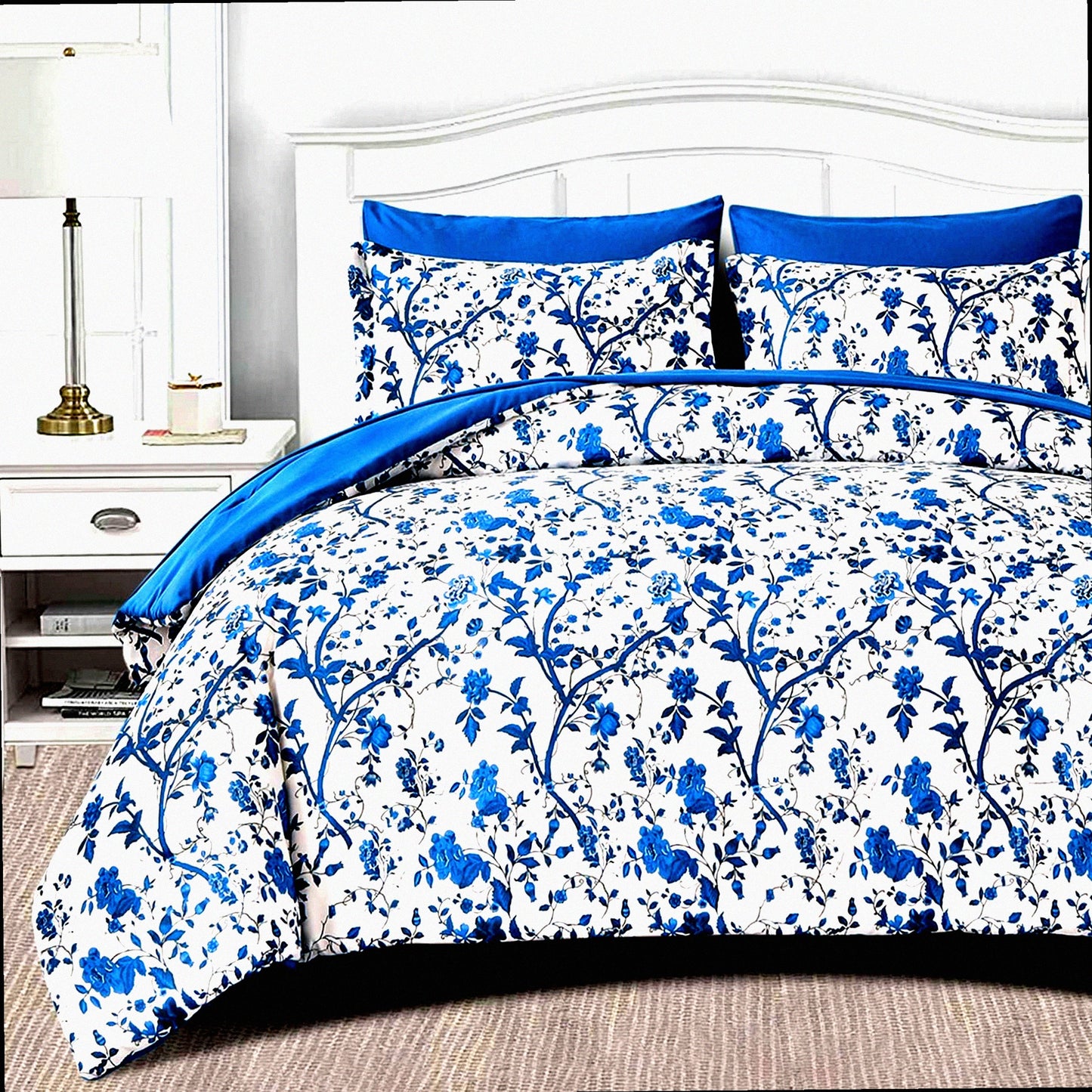 Blue Floral Bliss 7-Piece Queen Comforter Set - Soft Microfiber Bedding with Sheets - All Seasons Bed in a Bag - White Spring Queen Comforter Set