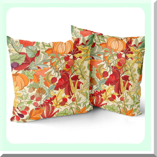 Autumn Harvest Pillowcase Set - 2 Pack Orange & Red Fall Leaf Pumpkin Throw Pillow Covers for Home Decor, Sofa, Bedroom, Living Room - 18 x 18 Inches