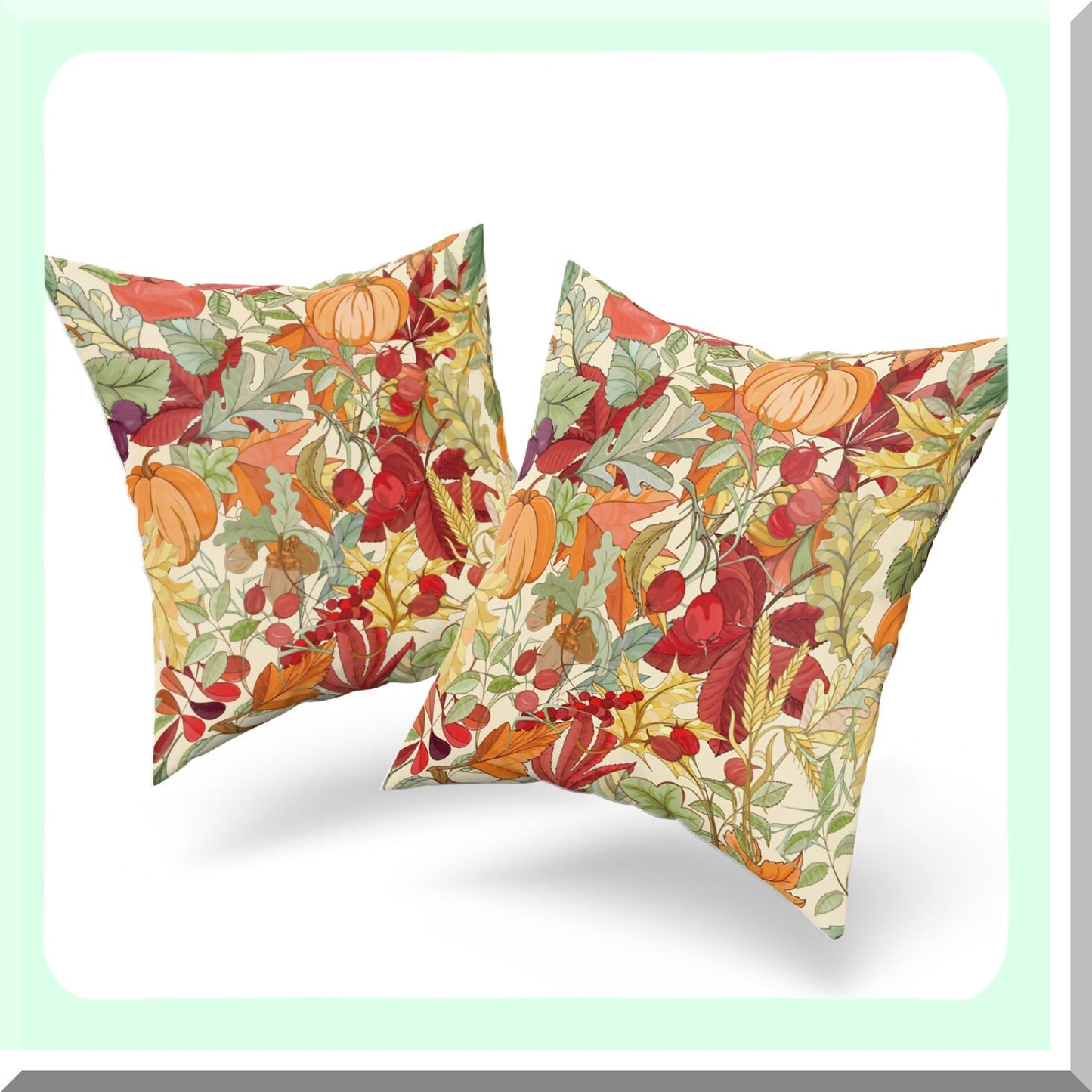 Autumn Harvest Pillowcase Set - 2 Pack Orange & Red Fall Leaf Pumpkin Throw Pillow Covers for Home Decor, Sofa, Bedroom, Living Room - 18 x 18 Inches