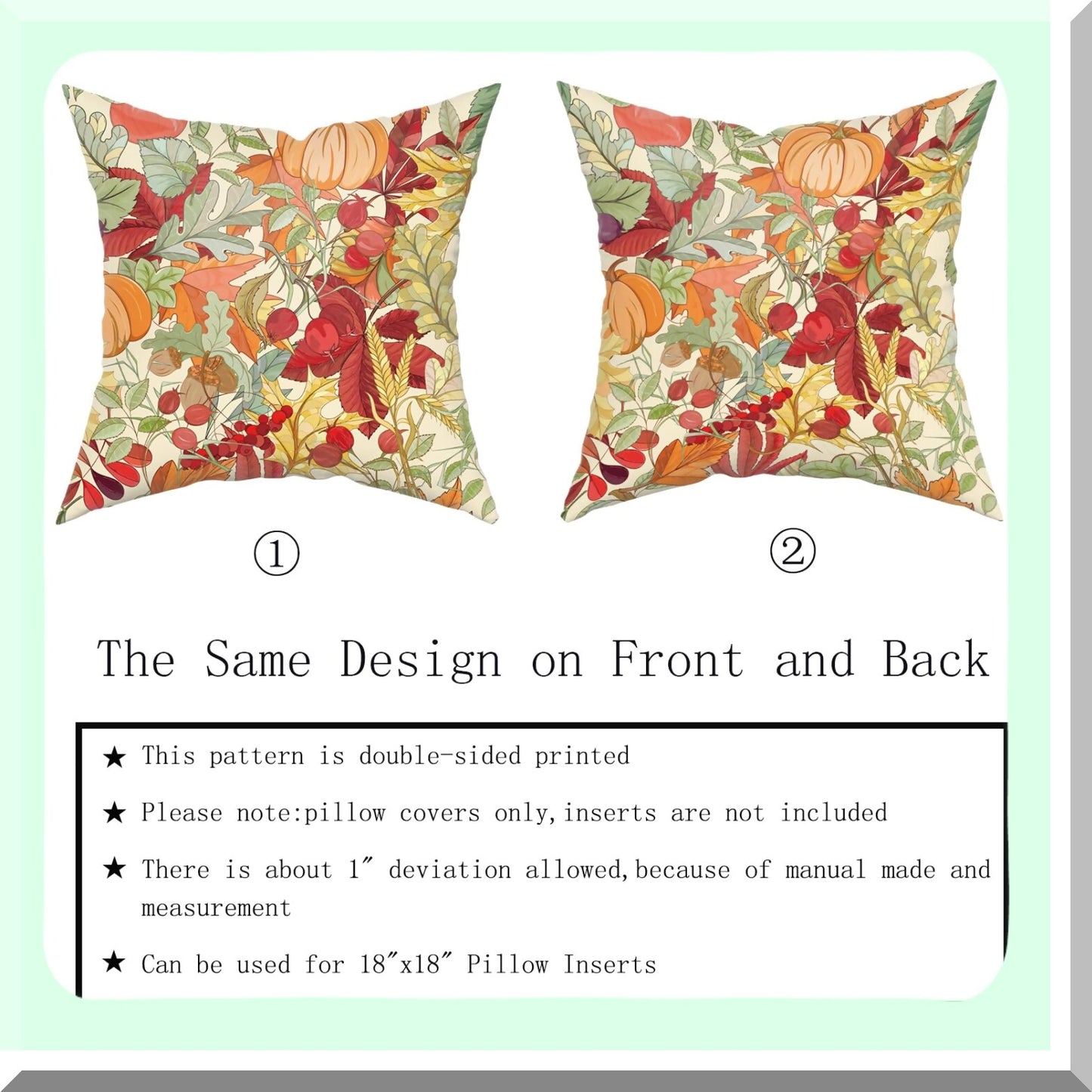 Autumn Harvest Pillowcase Set - 2 Pack Orange & Red Fall Leaf Pumpkin Throw Pillow Covers for Home Decor, Sofa, Bedroom, Living Room - 18 x 18 Inches