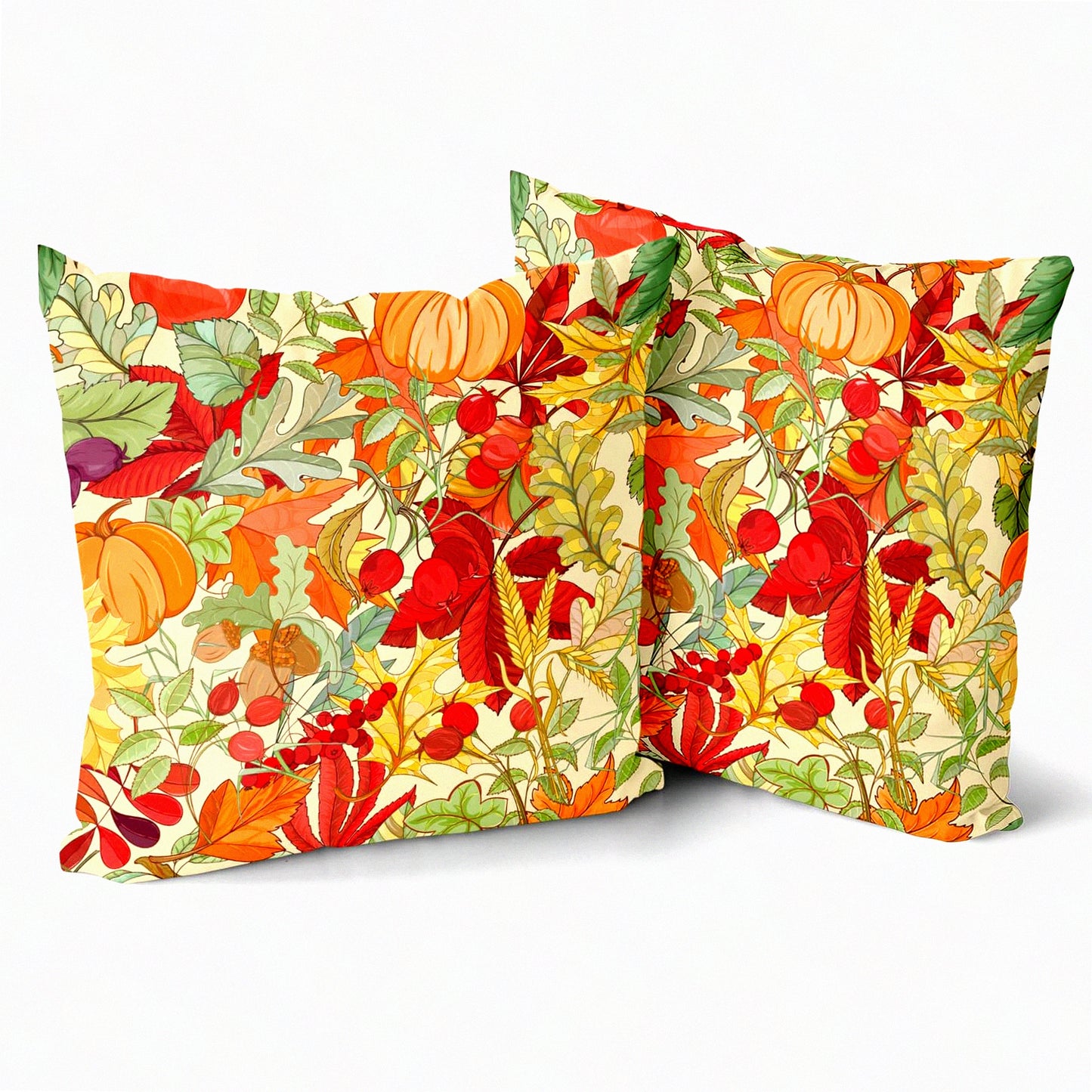 Autumn Harvest Pillowcase Set - 2 Pack Orange & Red Fall Leaf Pumpkin Throw Pillow Covers for Home Decor, Sofa, Bedroom, Living Room - 18 x 18 Inches