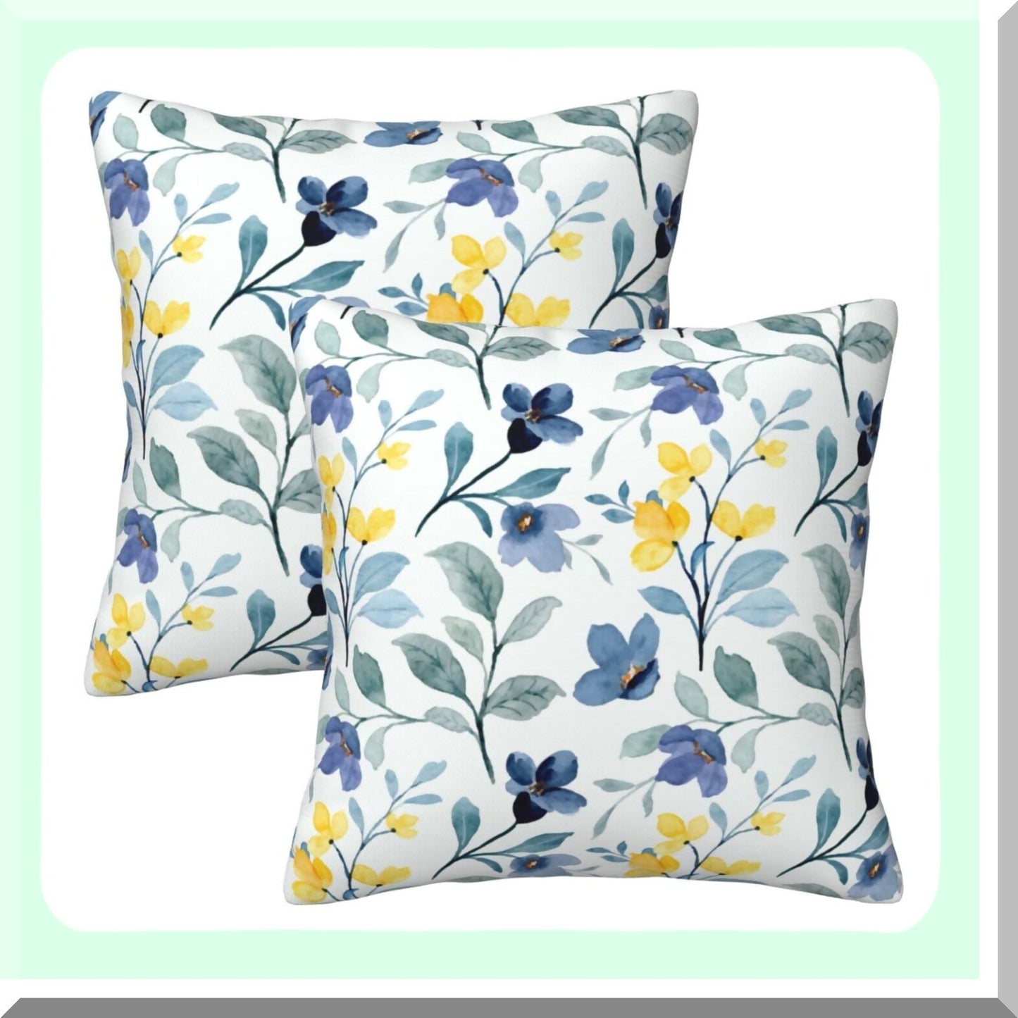 Spring Blossom Farmhouse Pillow Covers - Set of 2 16x16 Inch Yellow & Blue Floral Cushion Covers for Home Decor, Sofa, Car, Bedroom - Outdoor Square Throw Pillow Cases with Flowers & Leaves Design