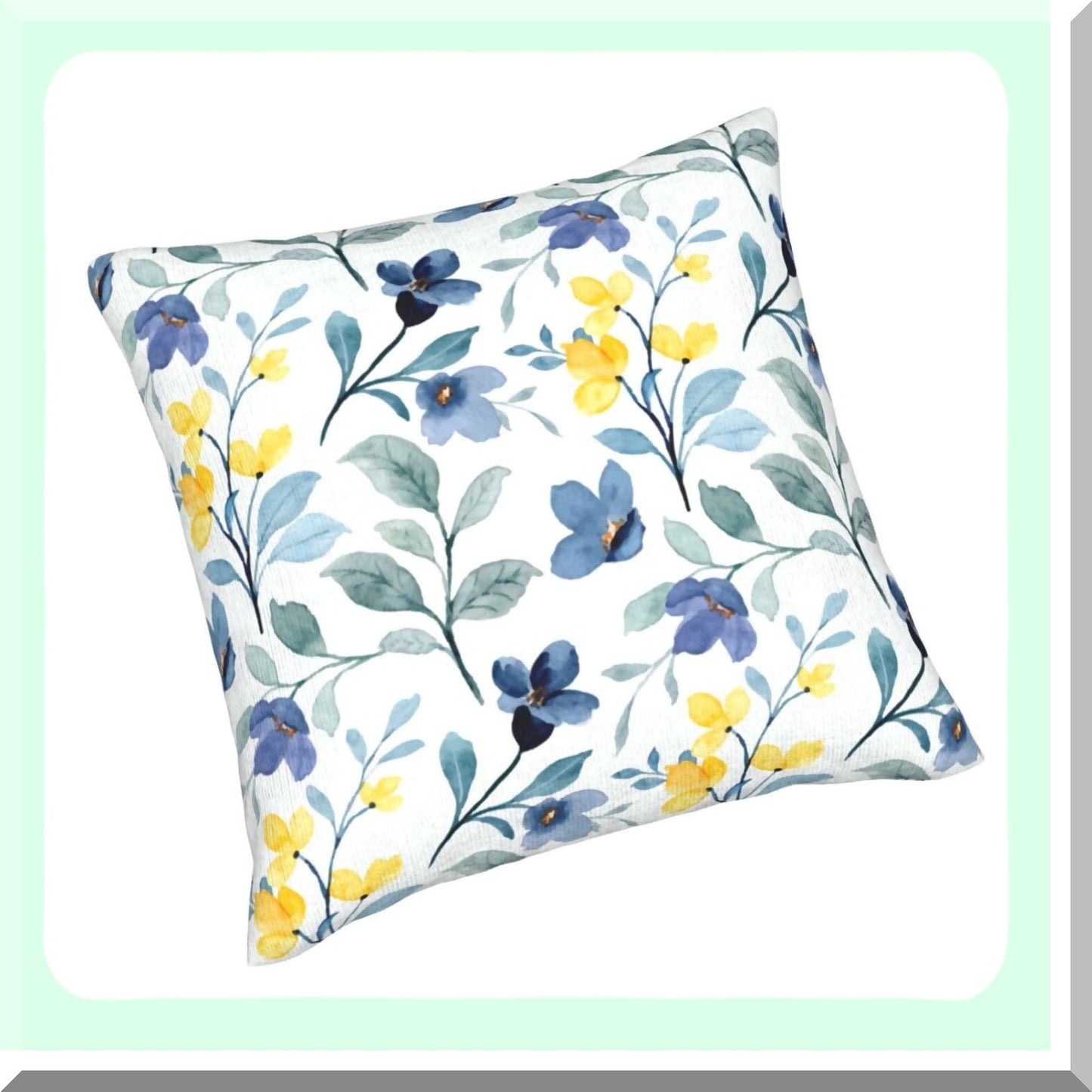 Spring Blossom Farmhouse Pillow Covers - Set of 2 16x16 Inch Yellow & Blue Floral Cushion Covers for Home Decor, Sofa, Car, Bedroom - Outdoor Square Throw Pillow Cases with Flowers & Leaves Design