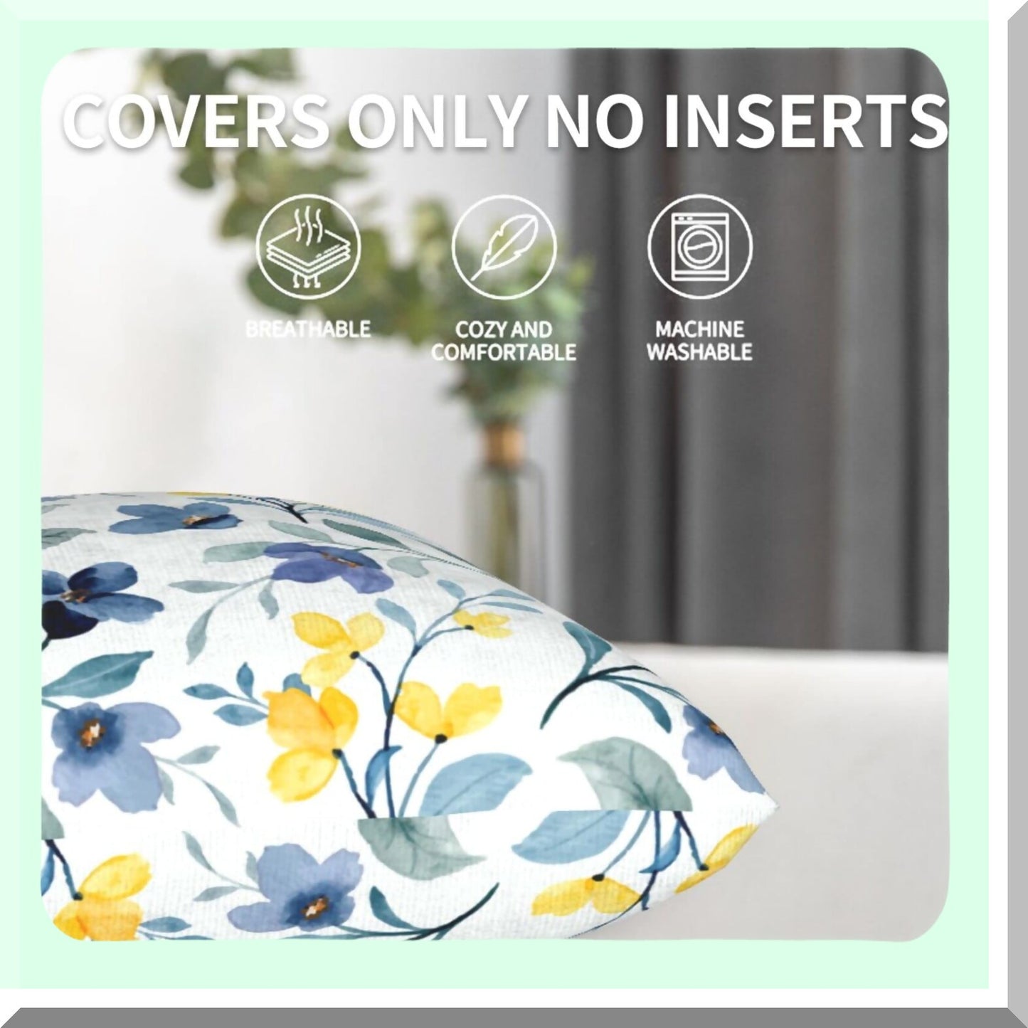 Spring Blossom Farmhouse Pillow Covers - Set of 2 16x16 Inch Yellow & Blue Floral Cushion Covers for Home Decor, Sofa, Car, Bedroom - Outdoor Square Throw Pillow Cases with Flowers & Leaves Design
