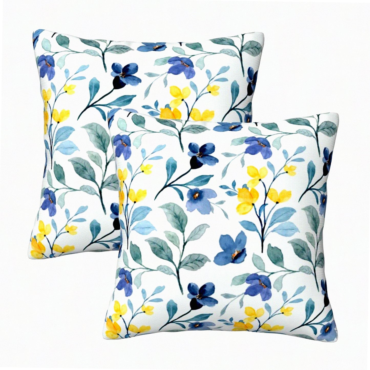 Spring Blossom Farmhouse Pillow Covers - Set of 2 16x16 Inch Yellow & Blue Floral Cushion Covers for Home Decor, Sofa, Car, Bedroom - Outdoor Square Throw Pillow Cases with Flowers & Leaves Design