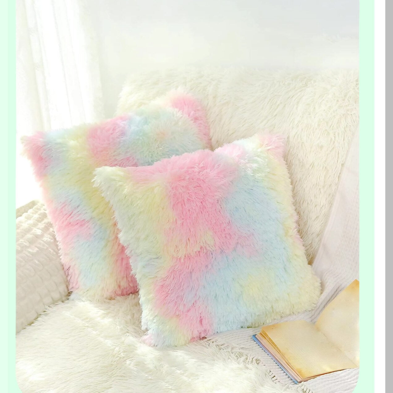 Rainbow Fluff Pillow Covers - Set of 2 | Kawaii Aesthetic Throw Pillowcases for Girls Room Decor | Soft Fuzzy Tie Dye Cushion Covers for Teen Bedroom