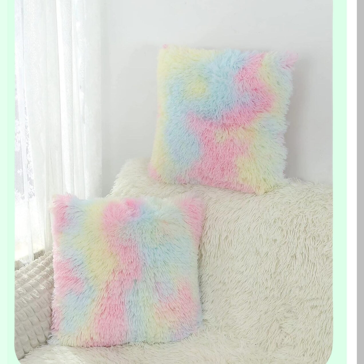 Rainbow Fluff Pillow Covers - Set of 2 | Kawaii Aesthetic Throw Pillowcases for Girls Room Decor | Soft Fuzzy Tie Dye Cushion Covers for Teen Bedroom