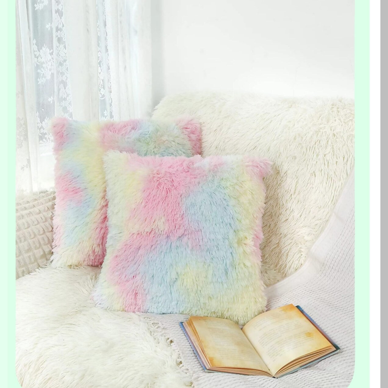 Rainbow Fluff Pillow Covers - Set of 2 | Kawaii Aesthetic Throw Pillowcases for Girls Room Decor | Soft Fuzzy Tie Dye Cushion Covers for Teen Bedroom