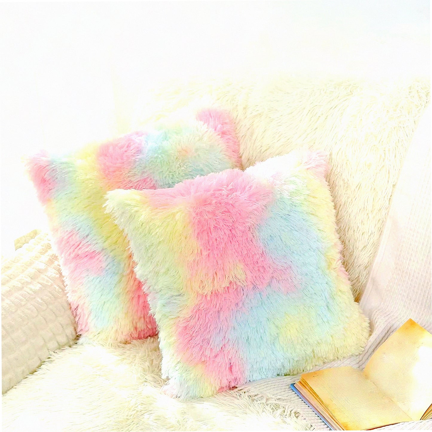 Rainbow Fluff Pillow Covers - Set of 2 | Kawaii Aesthetic Throw Pillowcases for Girls Room Decor | Soft Fuzzy Tie Dye Cushion Covers for Teen Bedroom