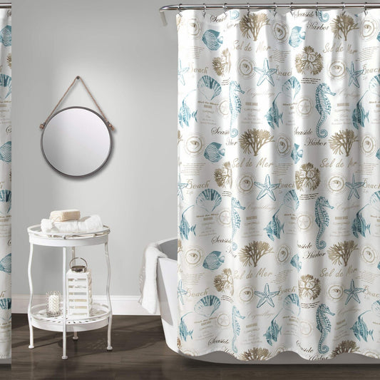 Coastal Shower Curtain 72x72 Blue Taupe Coral