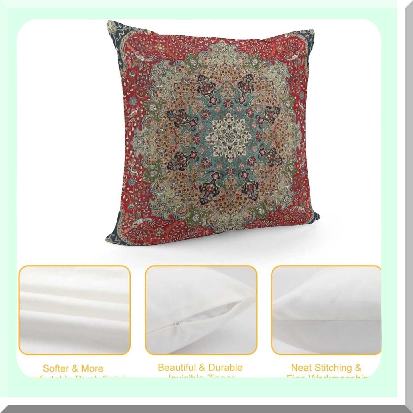 Persian Carpet Print Decorative Pillow Cover - Cozy Soft Throw Cushion for Home Decor - Vintage Antique Square Sofa Bed Car - 18x18 Inch