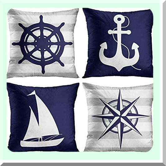 Coastal Stripe Anchor Pillow Covers - Set of 4 Navy Blue White Gray Decorative Cases for Home Decor, Standard Square 22x22 Inches