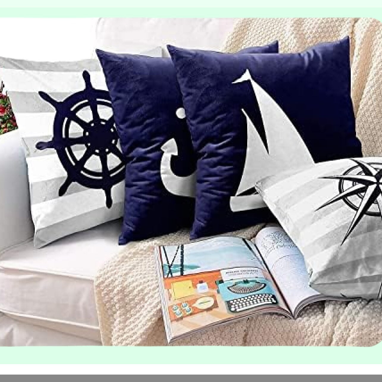 Coastal Stripe Anchor Pillow Covers - Set of 4 Navy Blue White Gray Decorative Cases for Home Decor, Standard Square 22x22 Inches