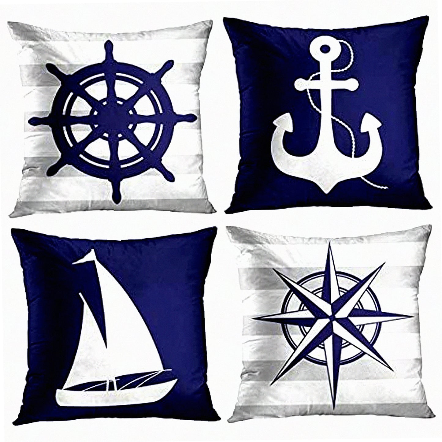 Coastal Stripe Anchor Pillow Covers - Set of 4 Navy Blue White Gray Decorative Cases for Home Decor, Standard Square 22x22 Inches