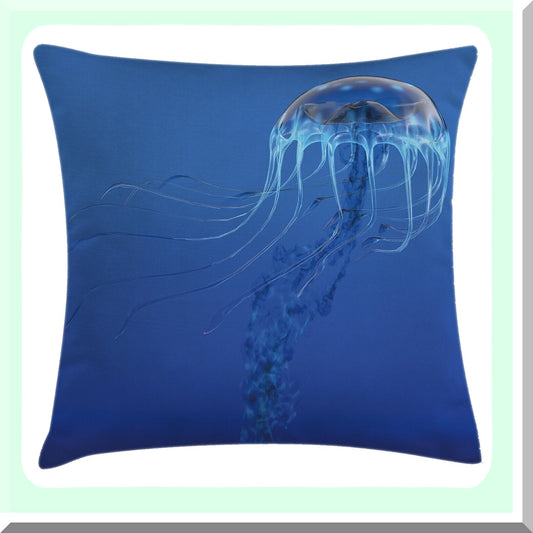 Ocean Blue Jellyfish Decorative Pillow Cover - Marine Life Square Cushion Case for Aquarium Lovers - Deep Water Predator Accent Pillow - 16" x 16"