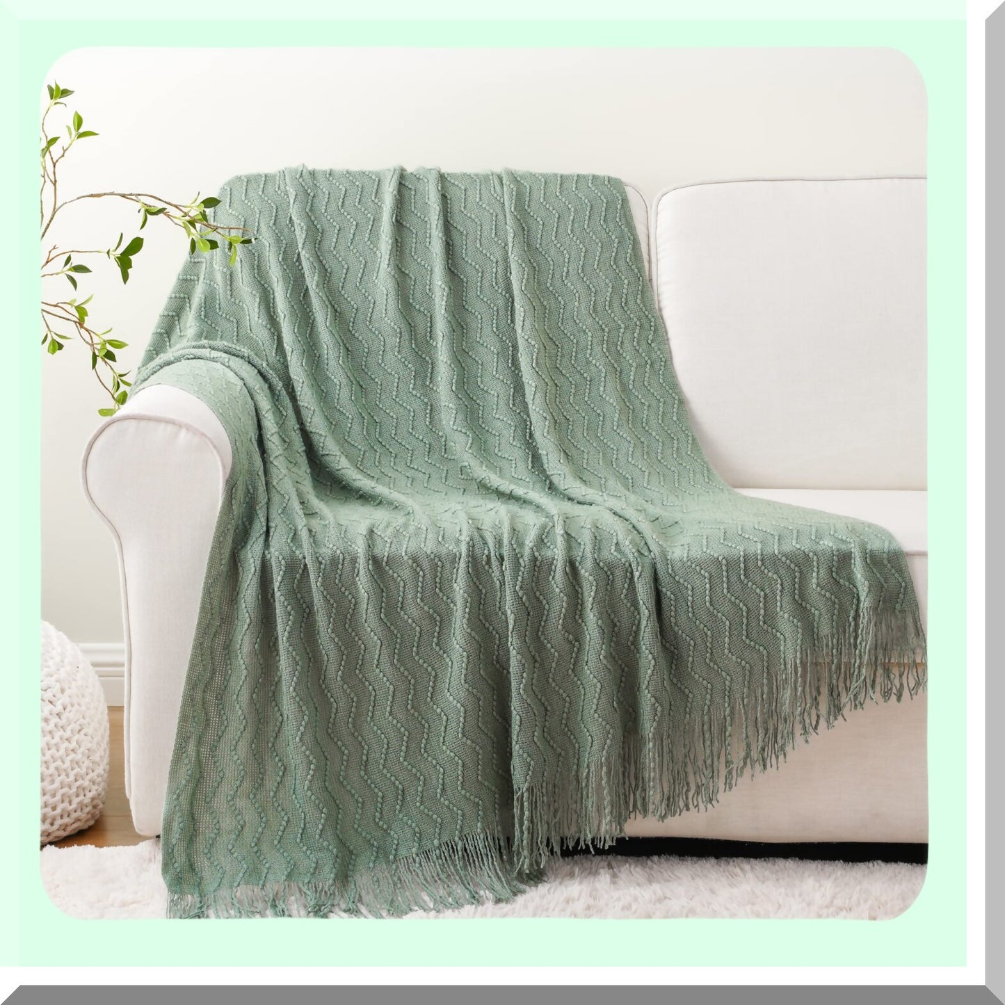 CozySage Knitted Throw Blanket - Soft Decorative Spring Green Blanket for Couch, Sofa, or Bed, 50"x60""