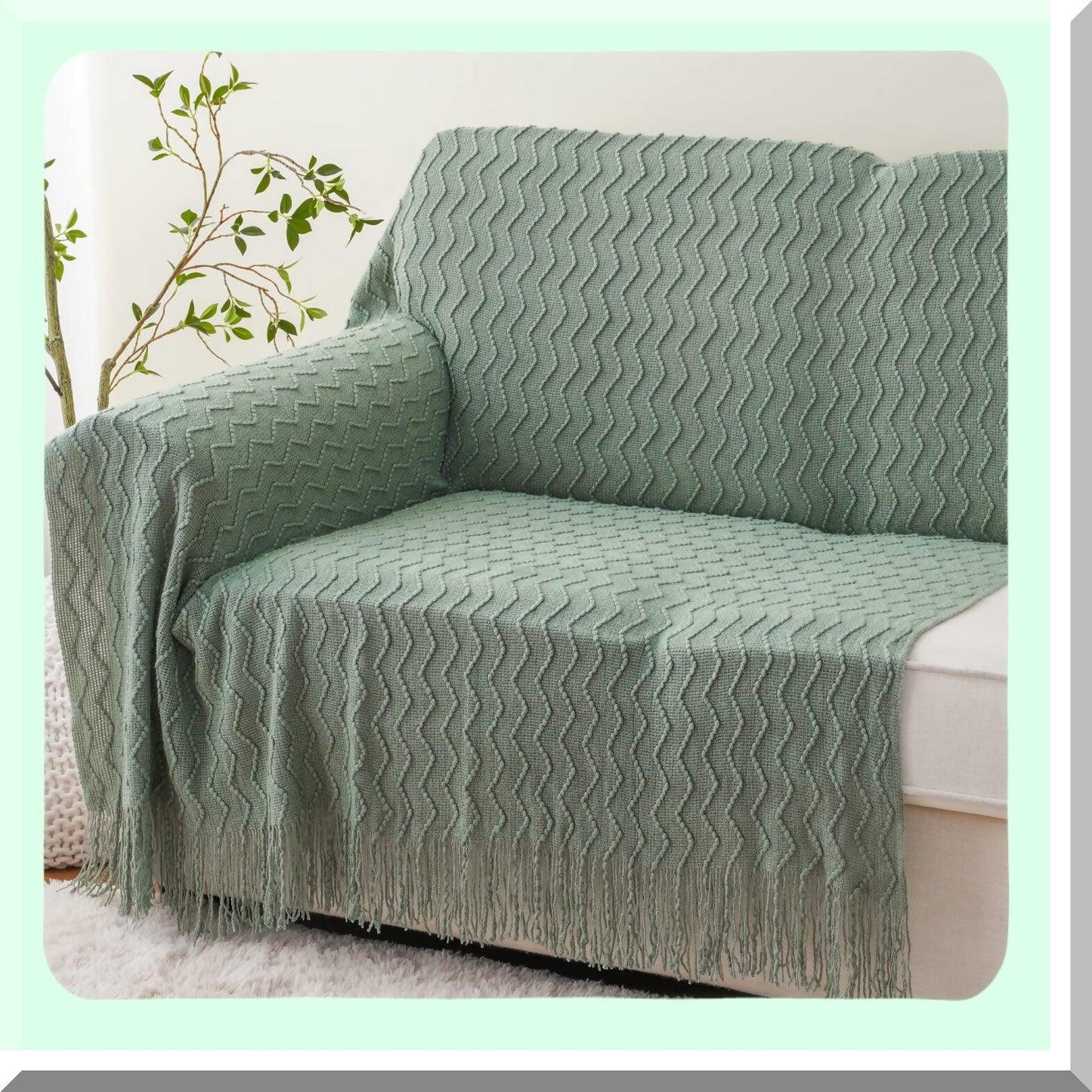 CozySage Knitted Throw Blanket - Soft Decorative Spring Green Blanket for Couch, Sofa, or Bed, 50"x60""
