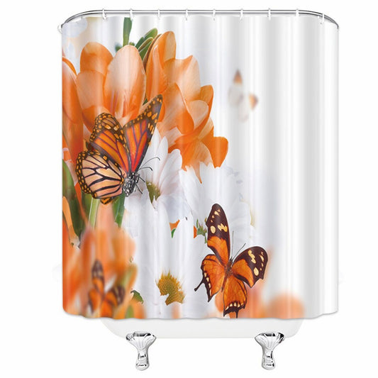 Flowers Butterfly Shower Curtain 70x70 Inch White Orange