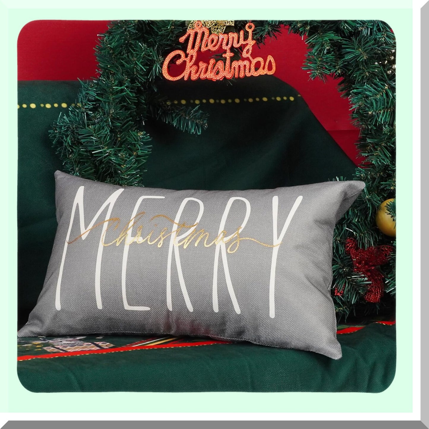 Winter Wonderland Pillow Cover - 12x20 Inch Merry Gold Grey Decorative Throw Pillows - Farmhouse Holiday Cushion Case for Sofa Couch Decor