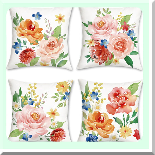 Watercolor Peony Bloom Pillow Covers - Set of 4 Soft Velvet Floral Cushion Cases for Sofa, Couch, Bedroom - 18 x 18 Inch Outdoor Home Decor
