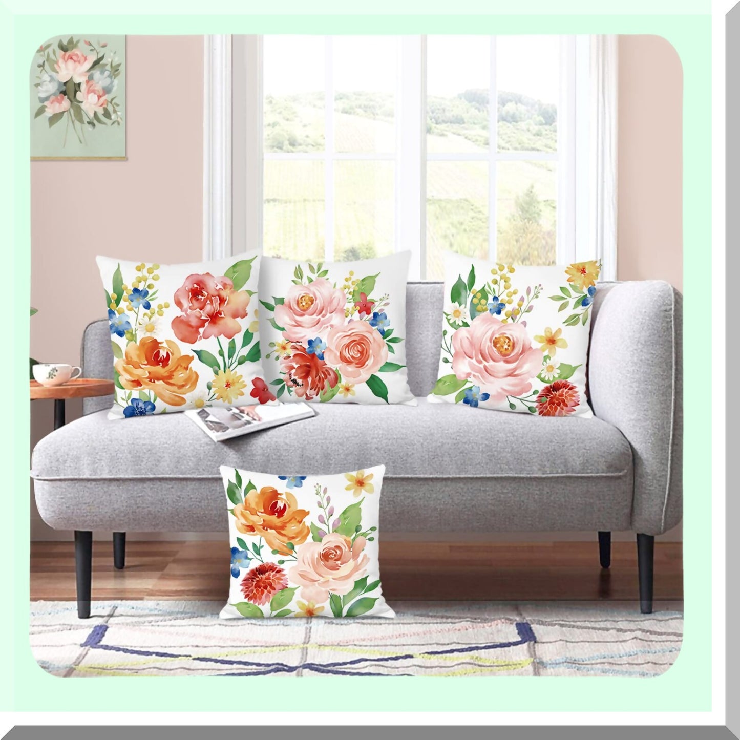Watercolor Peony Bloom Pillow Covers - Set of 4 Soft Velvet Floral Cushion Cases for Sofa, Couch, Bedroom - 18 x 18 Inch Outdoor Home Decor