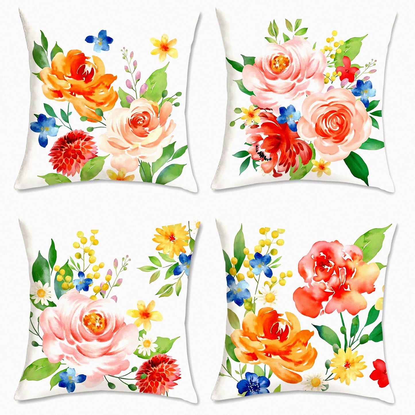 Watercolor Peony Bloom Pillow Covers - Set of 4 Soft Velvet Floral Cushion Cases for Sofa, Couch, Bedroom - 18 x 18 Inch Outdoor Home Decor