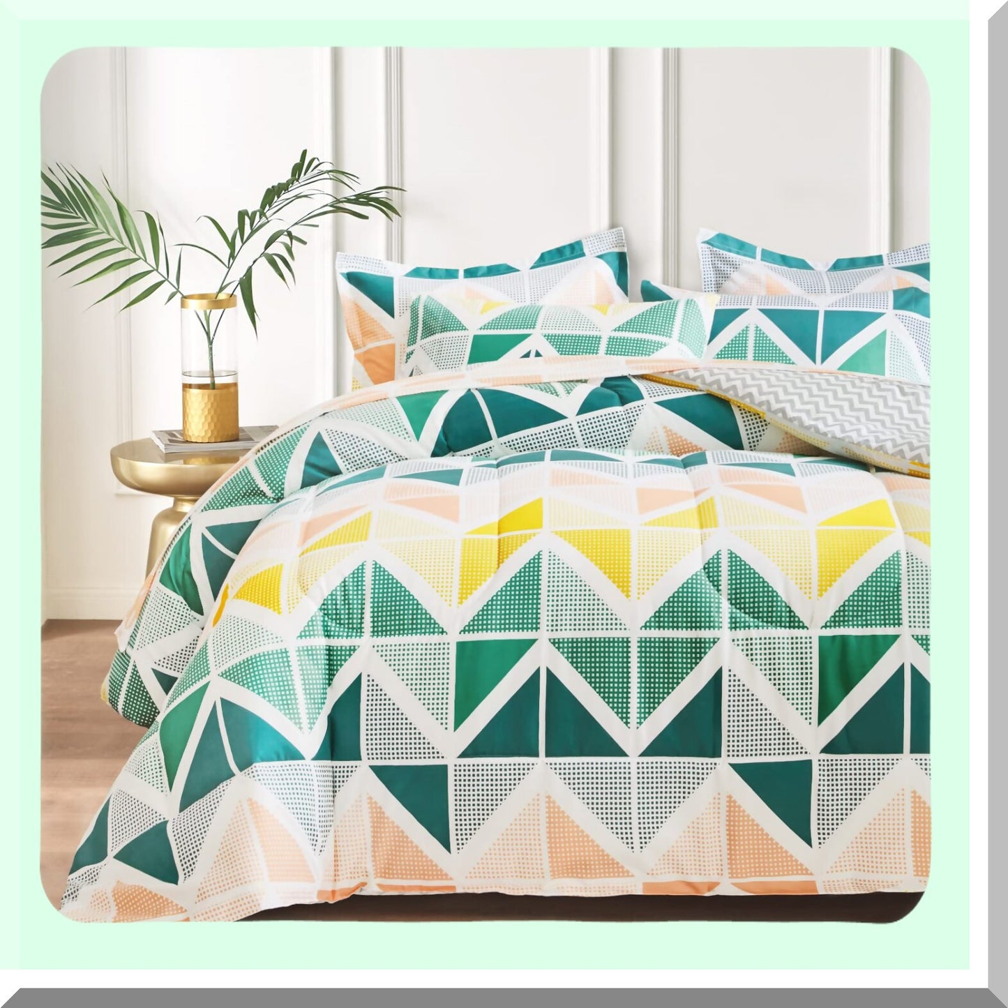 St. Patrick's Day Triangles Print Bedding Set - 7 Piece Comforter Sheet Set with Soft Microfiber, Green Yellow Color Scheme, Includes Comforter, Shams, Sheets, Pillowcases