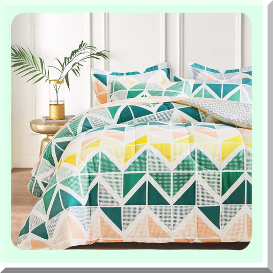 St. Patrick's Day Triangles Print Bedding Set - 7 Piece Comforter Sheet Set with Soft Microfiber, Green Yellow Color Scheme, Includes Comforter, Shams, Sheets, Pillowcases