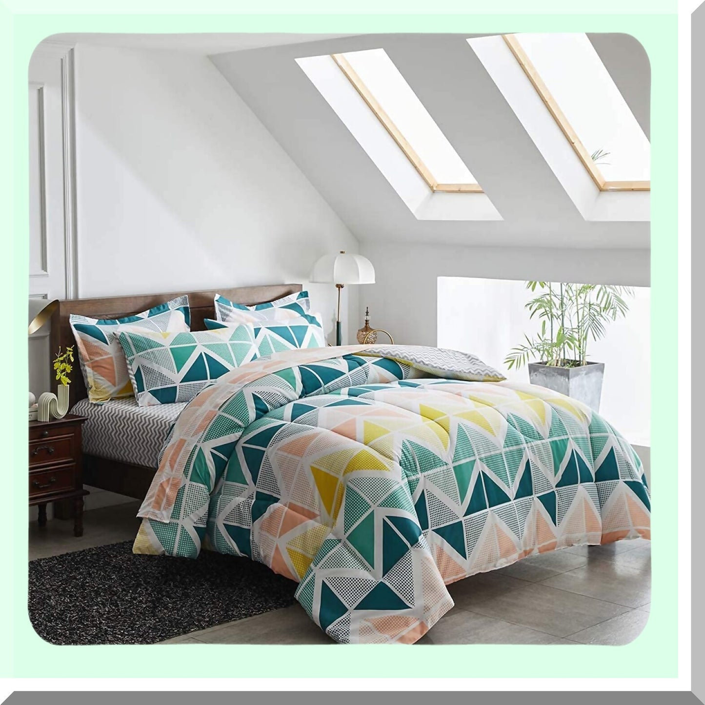 St. Patrick's Day Triangles Print Bedding Set - 7 Piece Comforter Sheet Set with Soft Microfiber, Green Yellow Color Scheme, Includes Comforter, Shams, Sheets, Pillowcases