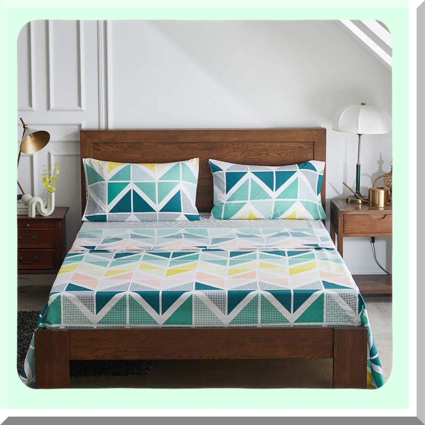 St. Patrick's Day Triangles Print Bedding Set - 7 Piece Comforter Sheet Set with Soft Microfiber, Green Yellow Color Scheme, Includes Comforter, Shams, Sheets, Pillowcases