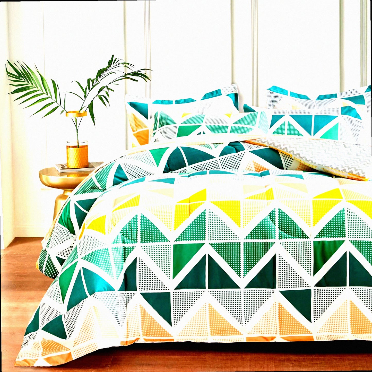 St. Patrick's Day Triangles Print Bedding Set - 7 Piece Comforter Sheet Set with Soft Microfiber, Green Yellow Color Scheme, Includes Comforter, Shams, Sheets, Pillowcases
