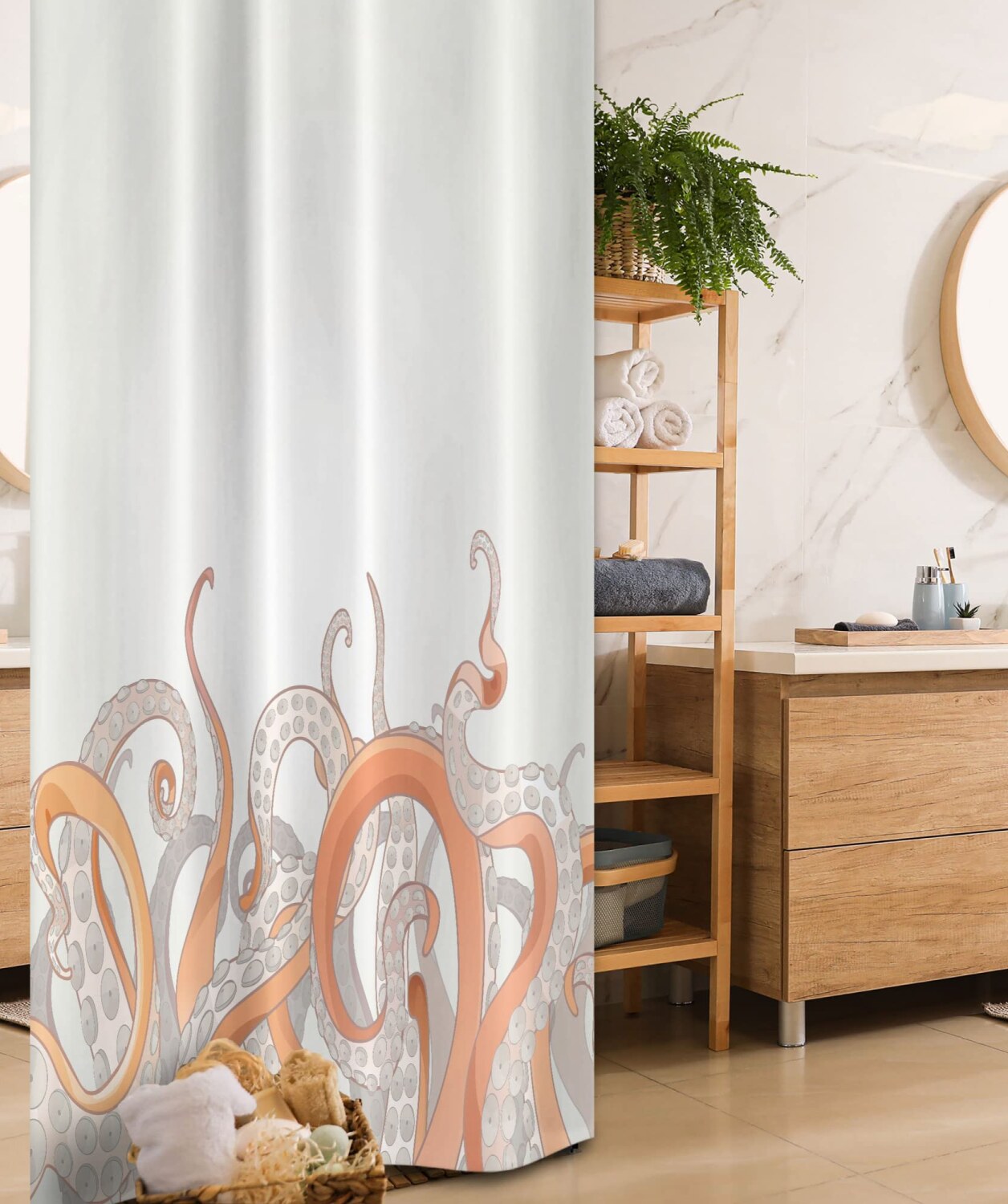 Octopus Shower Curtain 36x72 Orange Grey