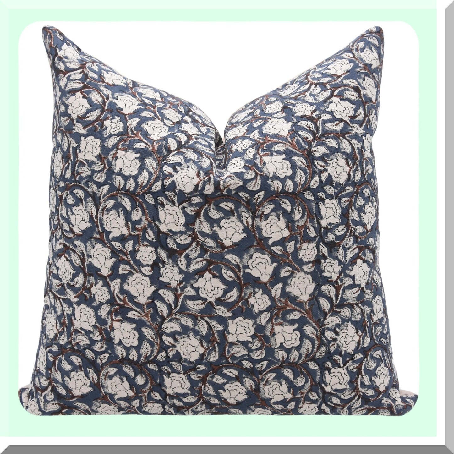 Farmhouse Floral Cotton Throw Pillow Covers - Boho Blue Decorative Cushion Cases for Sofa & Couch - Outdoor Home Decor - Block Print 14x14 Square