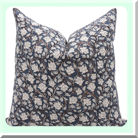 Farmhouse Floral Cotton Throw Pillow Covers - Boho Blue Decorative Cushion Cases for Sofa & Couch - Outdoor Home Decor - Block Print 14x14 Square