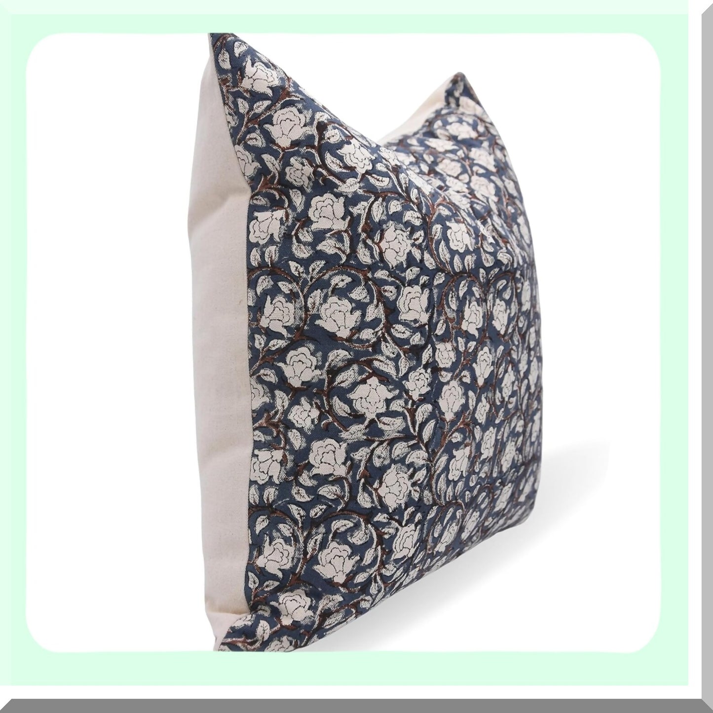 Farmhouse Floral Cotton Throw Pillow Covers - Boho Blue Decorative Cushion Cases for Sofa & Couch - Outdoor Home Decor - Block Print 14x14 Square