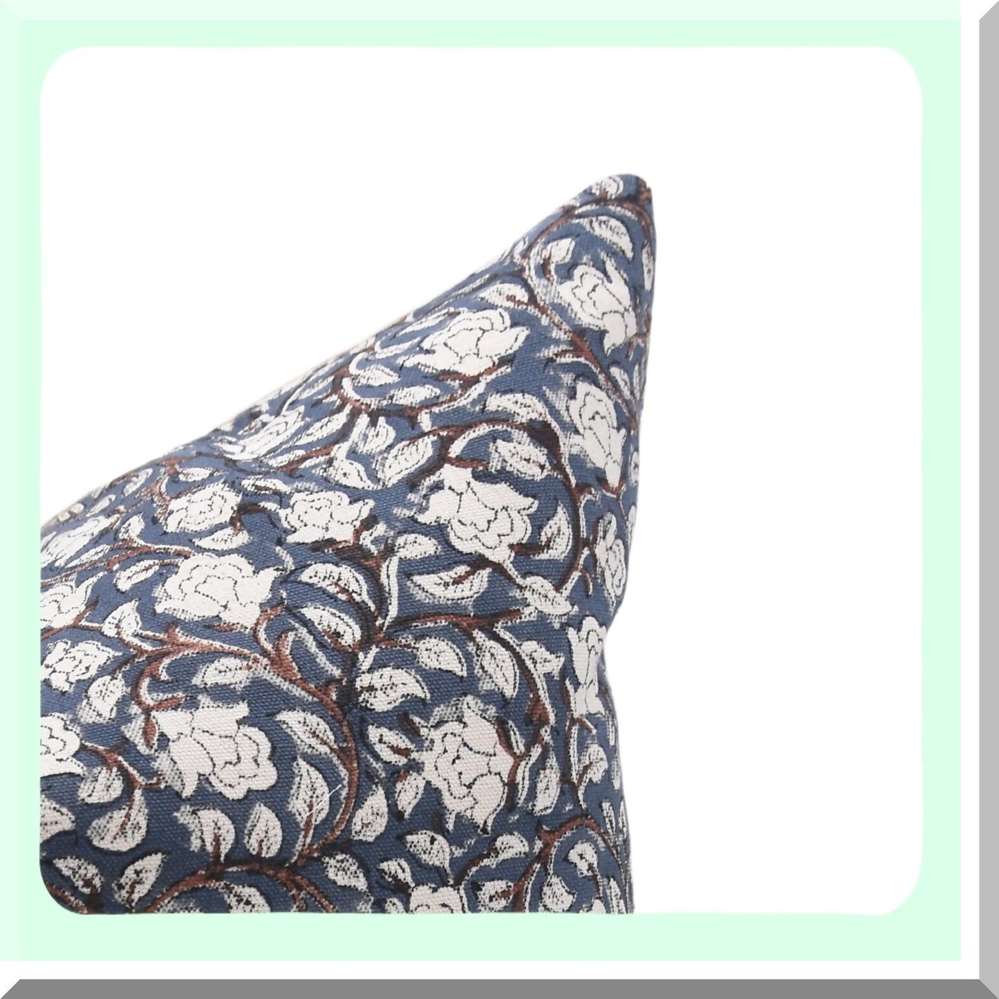 Farmhouse Floral Cotton Throw Pillow Covers - Boho Blue Decorative Cushion Cases for Sofa & Couch - Outdoor Home Decor - Block Print 14x14 Square