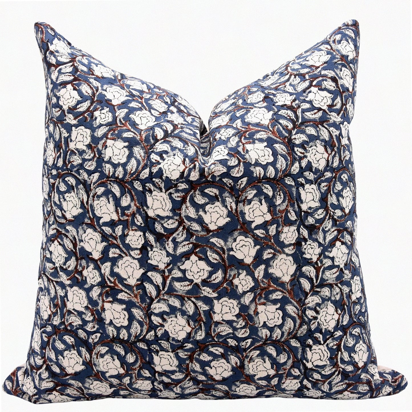 Farmhouse Floral Cotton Throw Pillow Covers - Boho Blue Decorative Cushion Cases for Sofa & Couch - Outdoor Home Decor - Block Print 14x14 Square