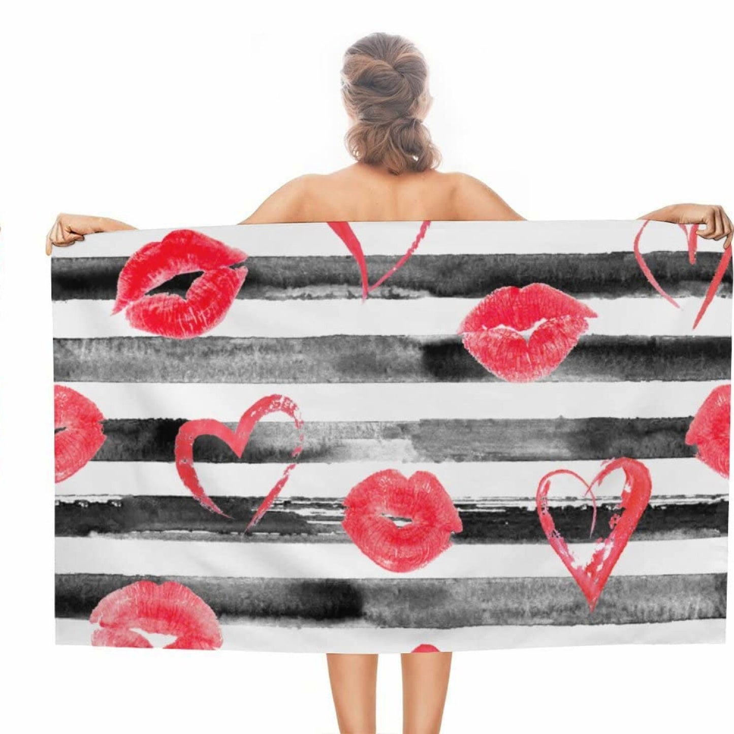 Red Hearts Lips Kisses Hand Bath Towel 31x51Inch