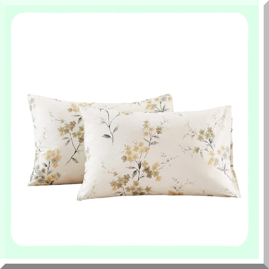 Vintage Floral Cotton Pillowcase Set - 2 Pack Envelope Closure Pillow Covers (20"x36") - Wash Painting Design - Size Queen - Soft & Breathable