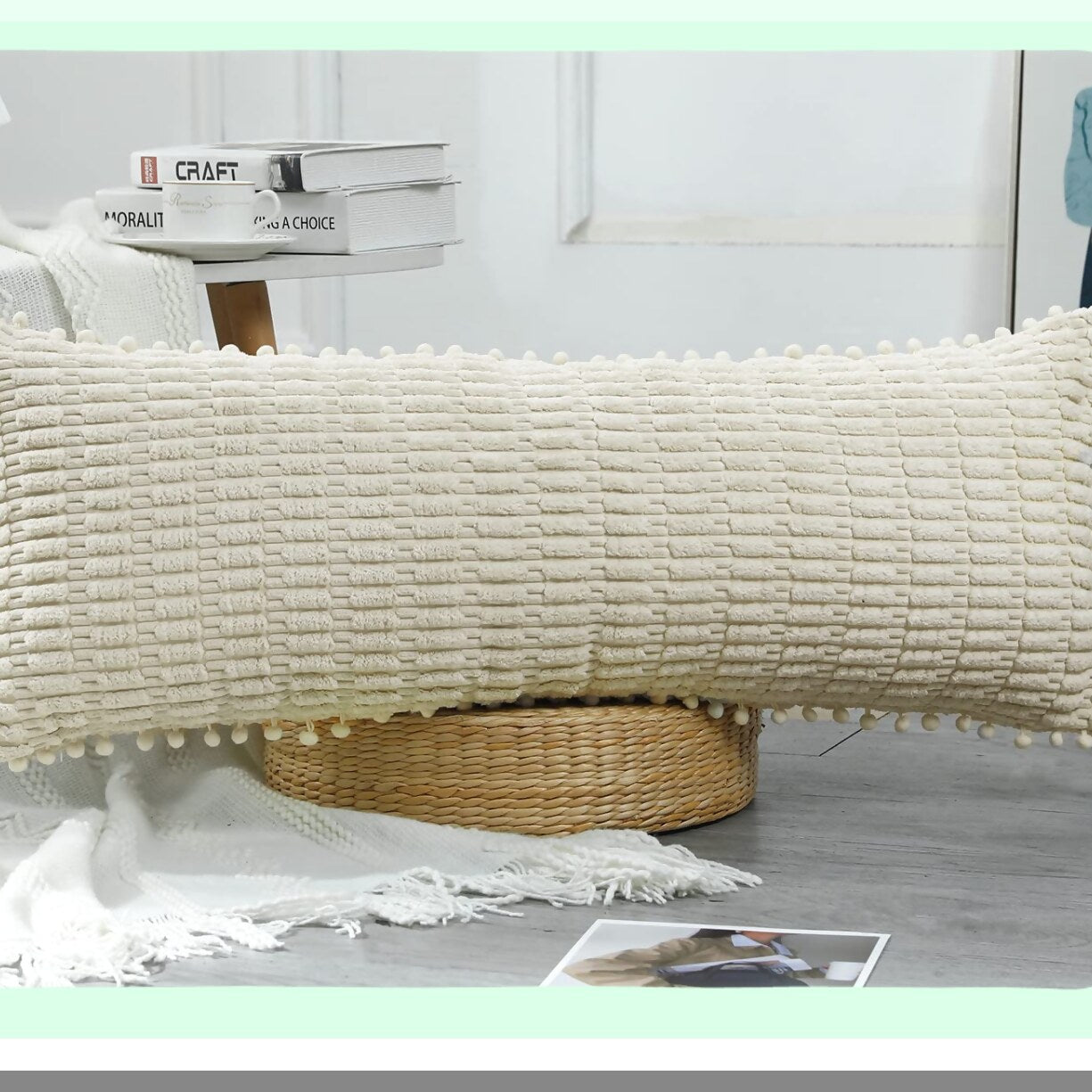 Boho Plush Long Lumbar Pillow Cover - Soft Modern Decorative Body Cushion Case for Farmhouse Livingroom - Beige 14x36