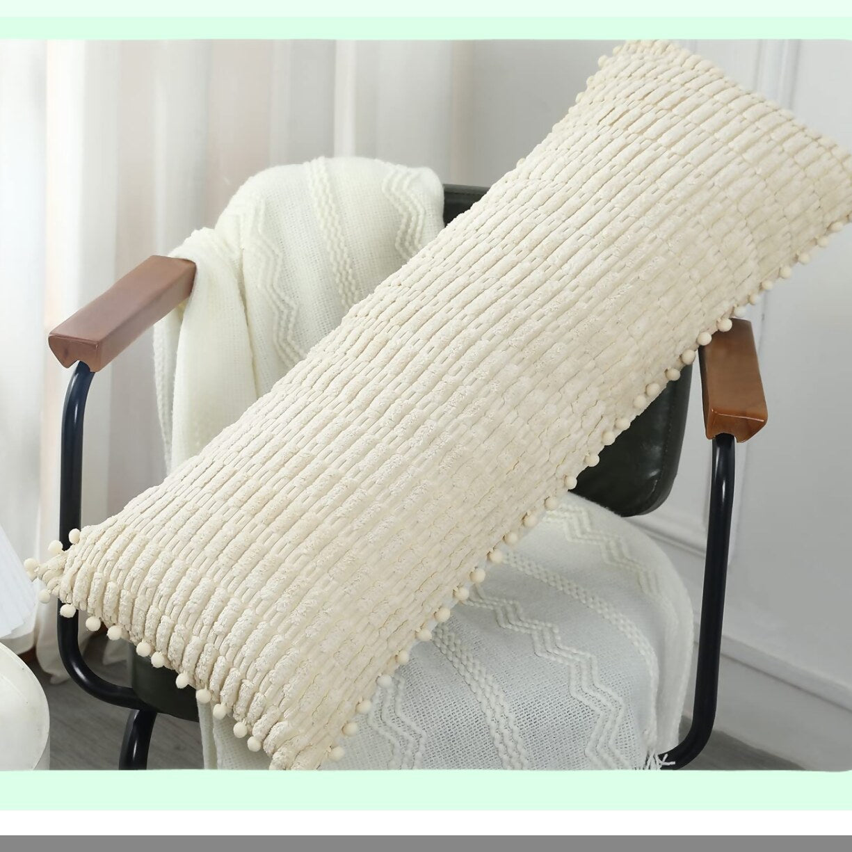 Boho Plush Long Lumbar Pillow Cover - Soft Modern Decorative Body Cushion Case for Farmhouse Livingroom - Beige 14x36