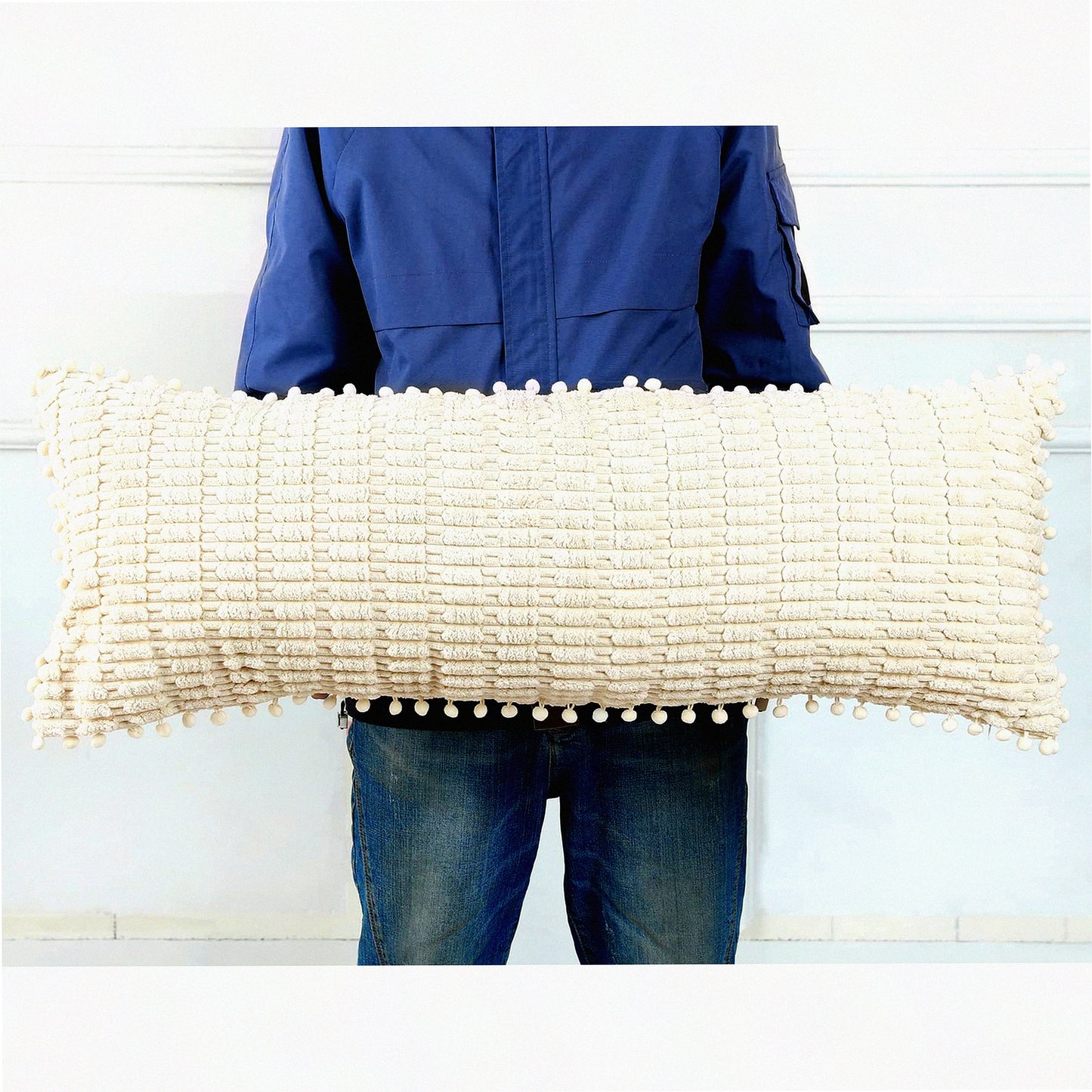 Boho Plush Long Lumbar Pillow Cover - Soft Modern Decorative Body Cushion Case for Farmhouse Livingroom - Beige 14x36